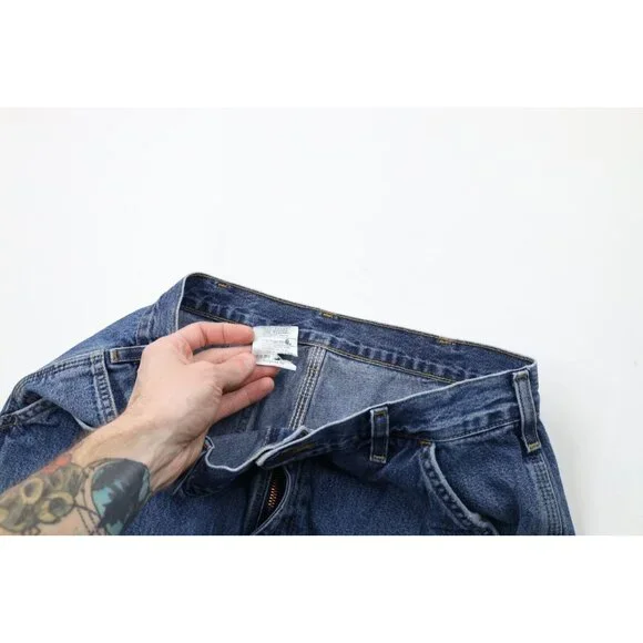 Vintage Carhartt Mens 32x32 Faded Spell Out Wide Leg Dungaree Denim Jeans Blue